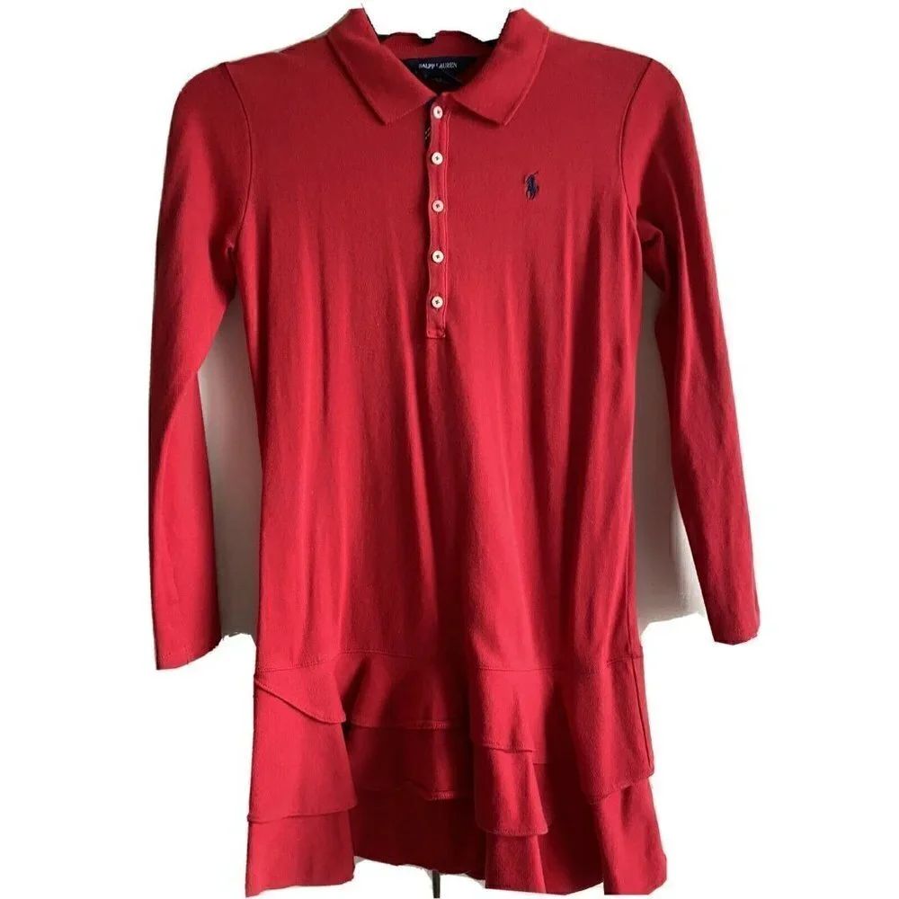 Ralph Lauren Girl’s 12/14 RED Long Sleeve Dress Ruffle‎ Bottom